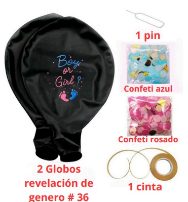 Globos revelación de genero # 36 Incluye: 1 pin, Confeti azul y rosado, 1 cinta