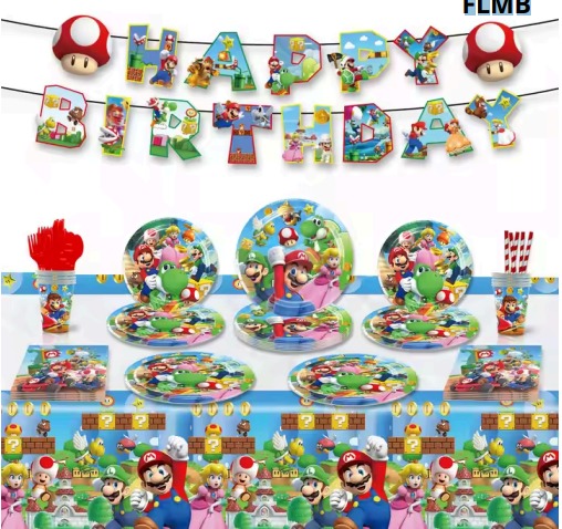 KIT MARIO BROS - CONTIENE MANTEL VASOS PLATOS PAJILLAS SERVILLETAS BANNER SET DE CUBIERTO, CUCHILLOS Y CUCHARAS
